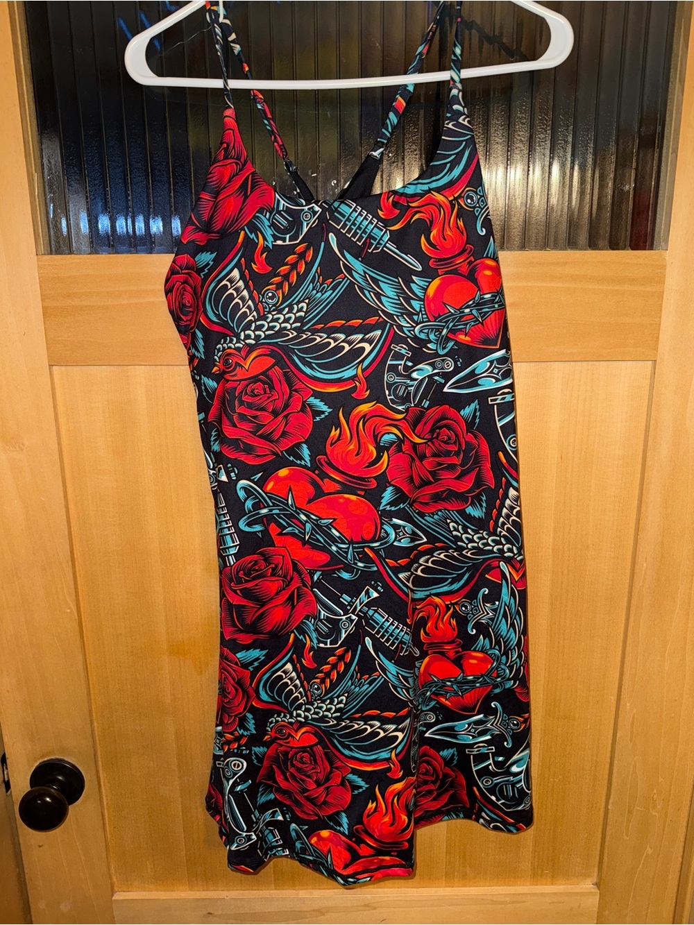 CVG Swim Athletic Built-In Shorts/Dress XL  Grunge Retro Rose Tattoo Print Red